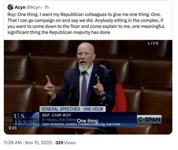 Chip Roy demands his colleagues name one thing they've accomplished that he can tout to constituents.